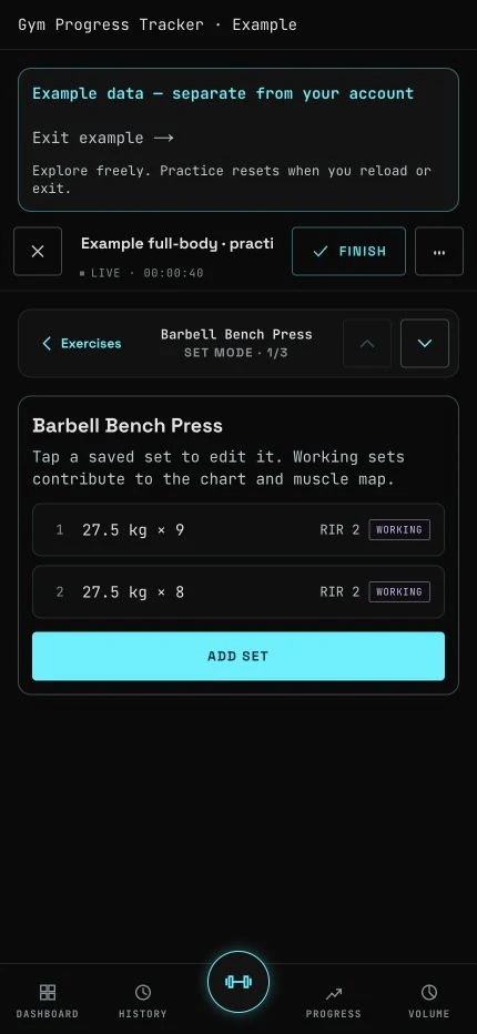 Mobile GymTrack example workout with exercises, logged sets, weight, repetitions and reps in reserve.